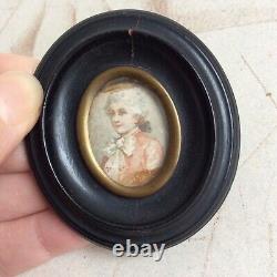 Ancien Portrait Miniature Aquarelle Cadre Bois Napoleon III XIXè