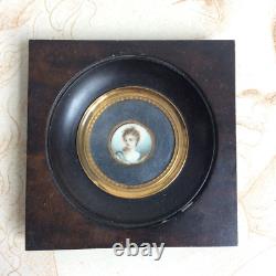 Ancien Portrait Miniature Jeune Femme Cadre Bois Napoleon III XIXè
