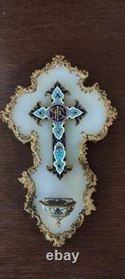 Ancien bénitier Napoléon III émaux champlevés bronze doré onyx croix IHS XIXe