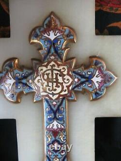 Ancien crucufix croix epok XIXe bronze cloisonné emaillé napoleon III benitier