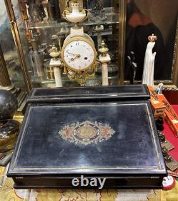 Ancien ecritoire XIXe napoleon III marqueterie de cuivre boulle et bois noirci