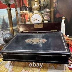 Ancien ecritoire XIXe napoleon III marqueterie de cuivre boulle et bois noirci