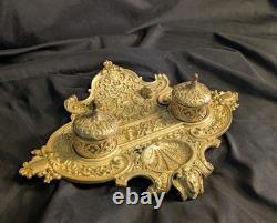 Ancien encrier Napoléon III en laiton massif, 2 godets d'origine, XIXe