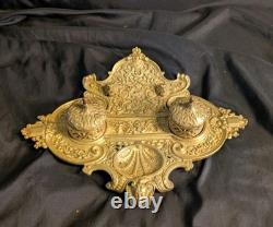 Ancien encrier Napoléon III en laiton massif, 2 godets d'origine, XIXe