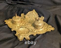 Ancien encrier Napoléon III en laiton massif, 2 godets d'origine, XIXe