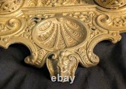 Ancien encrier Napoléon III en laiton massif, 2 godets d'origine, XIXe