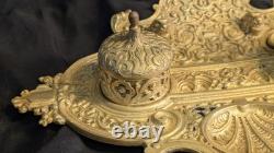 Ancien encrier Napoléon III en laiton massif, 2 godets d'origine, XIXe