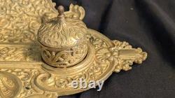 Ancien encrier Napoléon III en laiton massif, 2 godets d'origine, XIXe