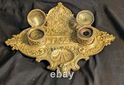 Ancien encrier Napoléon III en laiton massif, 2 godets d'origine, XIXe