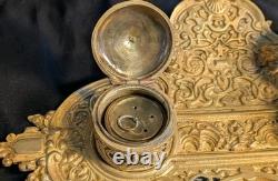 Ancien encrier Napoléon III en laiton massif, 2 godets d'origine, XIXe