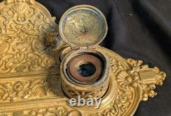 Ancien encrier Napoléon III en laiton massif, 2 godets d'origine, XIXe