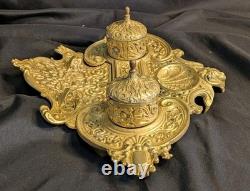 Ancien encrier Napoléon III en laiton massif, 2 godets d'origine, XIXe