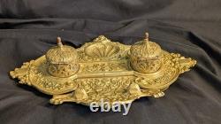 Ancien encrier Napoléon III en laiton massif, 2 godets d'origine, XIXe