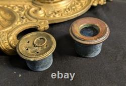 Ancien encrier Napoléon III en laiton massif, 2 godets d'origine, XIXe