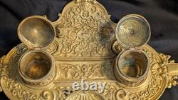 Ancien encrier Napoléon III en laiton massif, 2 godets d'origine, XIXe