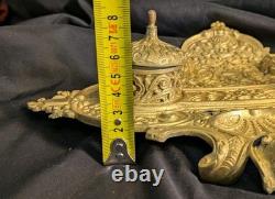 Ancien encrier Napoléon III en laiton massif, 2 godets d'origine, XIXe