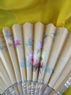 Ancien eventail fan antique XIXe nacre soie naturelle peint silk napoleon 3 fleu