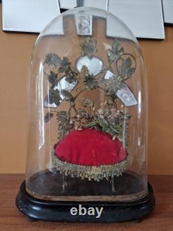 Ancien globe de mariée XIX Napoléon III avec coussin et miroirs en laiton