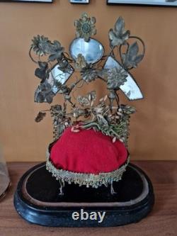Ancien globe de mariée XIX Napoléon III avec coussin et miroirs en laiton
