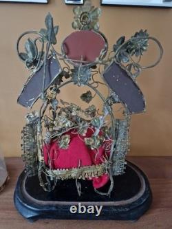 Ancien globe de mariée XIX Napoléon III avec coussin et miroirs en laiton