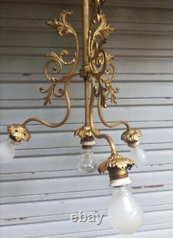 Ancien lustre XIXe S. 4 feux en bronze doré Napoléon III état de marche