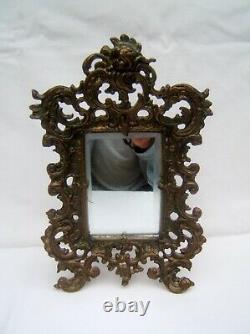 Ancien miroir bronze a poser fin XIX Napoleon III glace biseauté téte d enfant