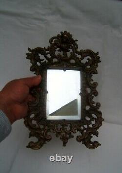 Ancien miroir bronze a poser fin XIX Napoleon III glace biseauté téte d enfant