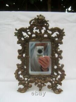 Ancien miroir bronze a poser fin XIX Napoleon III glace biseauté téte d enfant