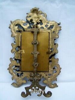 Ancien miroir bronze a poser fin XIX Napoleon III glace biseauté téte d enfant