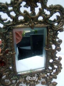 Ancien miroir bronze a poser fin XIX Napoleon III glace biseauté téte d enfant