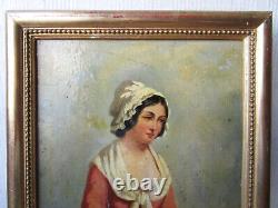 Ancien superbe tableau XIXe Napoléon III jeune paysanne fille femme, cadre doré