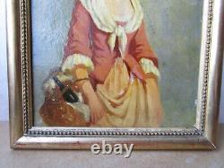 Ancien superbe tableau XIXe Napoléon III jeune paysanne fille femme, cadre doré