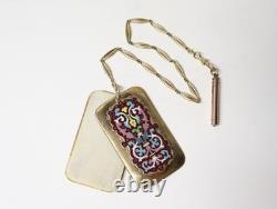 Ancien très beau Carnet de bal cuivre doré émaillé avec porte mine chaîne XIXe