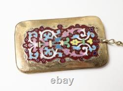 Ancien très beau Carnet de bal cuivre doré émaillé avec porte mine chaîne XIXe
