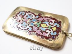 Ancien très beau Carnet de bal cuivre doré émaillé avec porte mine chaîne XIXe