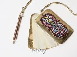 Ancien très beau Carnet de bal cuivre doré émaillé avec porte mine chaîne XIXe