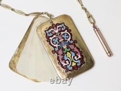 Ancien très beau Carnet de bal cuivre doré émaillé avec porte mine chaîne XIXe