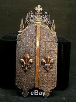 Ancien triptyque bronze doré I. BLOCH fleurs de lys St Louis Jeanne d'Arc XIXe