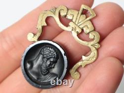 Ancienne Intaille hématite double têtes grecques pour giletière et coffret XIXe