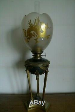 Ancienne Lampe A Petrole Athenienne Style Empire + Tulipe Dragon XIX Siecle N°2