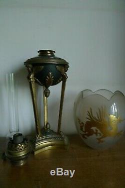 Ancienne Lampe A Petrole Athenienne Style Empire + Tulipe Dragon XIX Siecle N°2