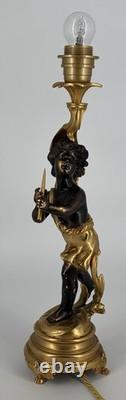 Ancienne Lampe Putto Régule Patiné Noir & Doré Napoléon III XIXe Ré électrifiée