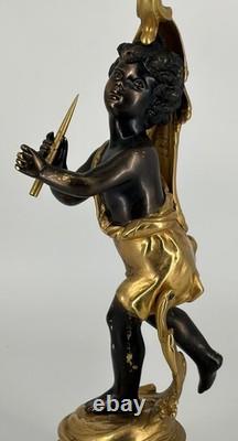 Ancienne Lampe Putto Régule Patiné Noir & Doré Napoléon III XIXe Ré électrifiée