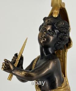 Ancienne Lampe Putto Régule Patiné Noir & Doré Napoléon III XIXe Ré électrifiée