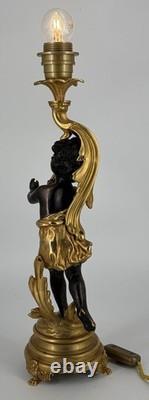 Ancienne Lampe Putto Régule Patiné Noir & Doré Napoléon III XIXe Ré électrifiée