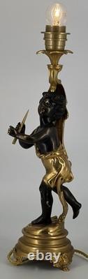 Ancienne Lampe Putto Régule Patiné Noir & Doré Napoléon III XIXe Ré électrifiée
