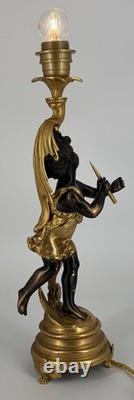Ancienne Lampe Putto Régule Patiné Noir & Doré Napoléon III XIXe Ré électrifiée