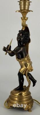 Ancienne Lampe Putto Régule Patiné Noir & Doré Napoléon III XIXe Ré électrifiée
