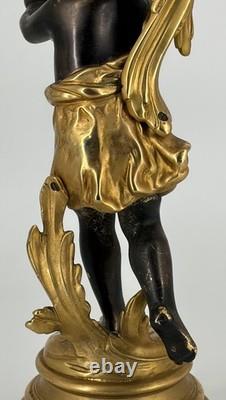 Ancienne Lampe Putto Régule Patiné Noir & Doré Napoléon III XIXe Ré électrifiée