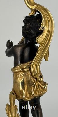 Ancienne Lampe Putto Régule Patiné Noir & Doré Napoléon III XIXe Ré électrifiée